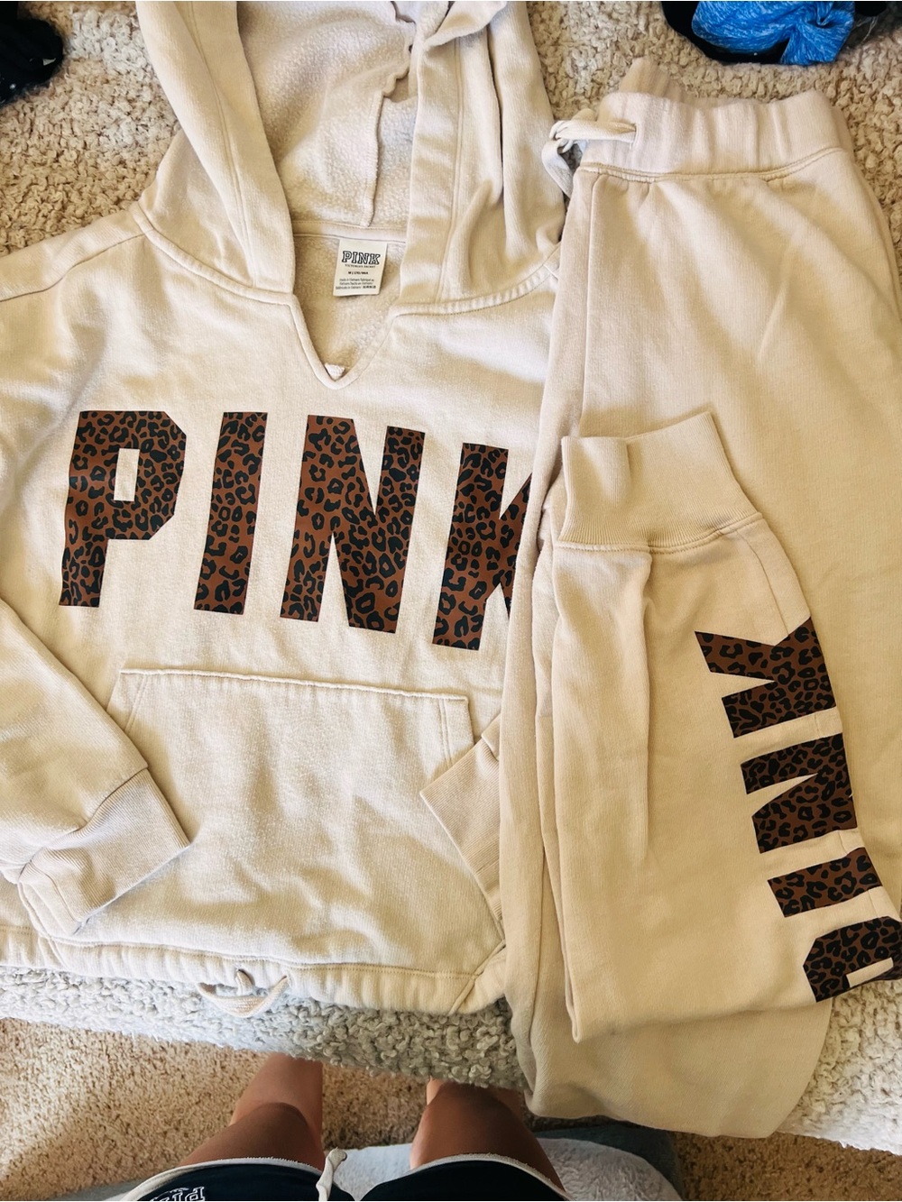 PINK Victoria's Secret cream with leopard logo. M hoodie & XS jogger sweatpants